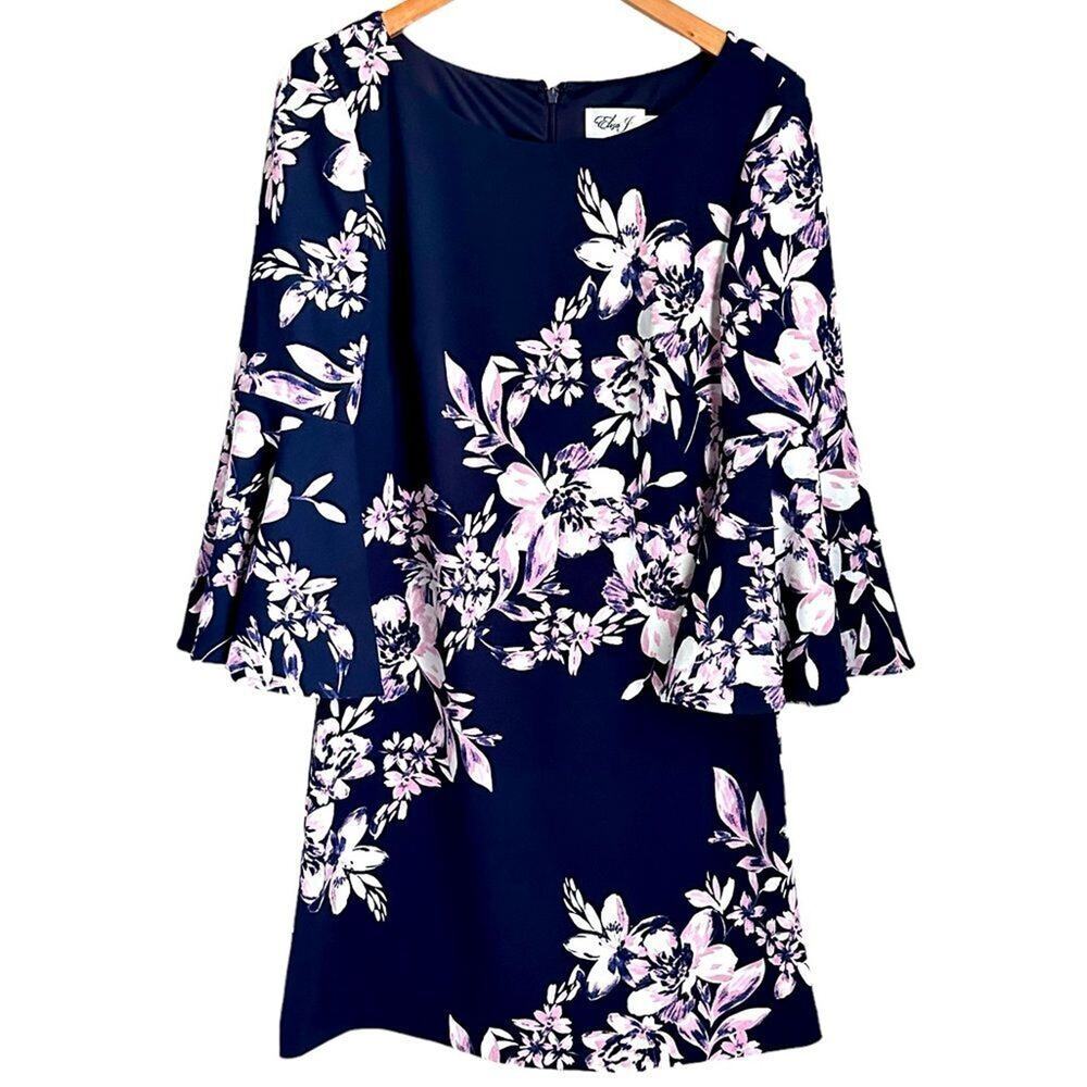 Eliza J Navy Blue Pink Floral Bell Sleeve Shift Dress Women 10 Elegant Wedding - Picture 5 of 16